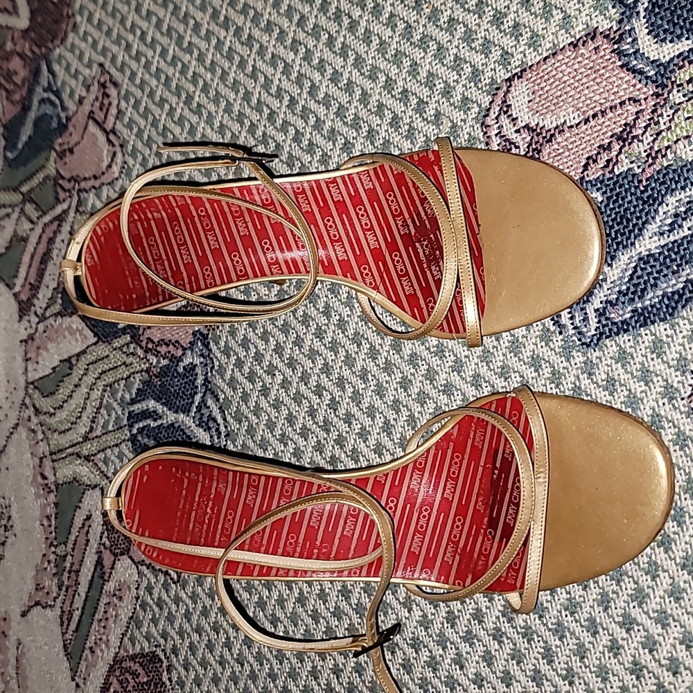 Jimmy Choo London Strappy heels golden embossed leather buckle sexy 39.5 (S2)